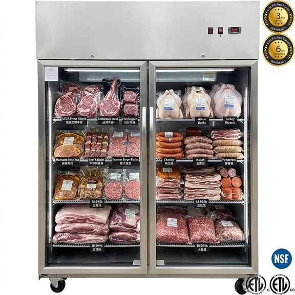 54.5"W Commercial 2 Glass Door Top Mount Reach-In Refrigerator – 49 Cu.Ft., 33–41°F, R290, Stainless Steel, ETL & NSF Certified, 110V