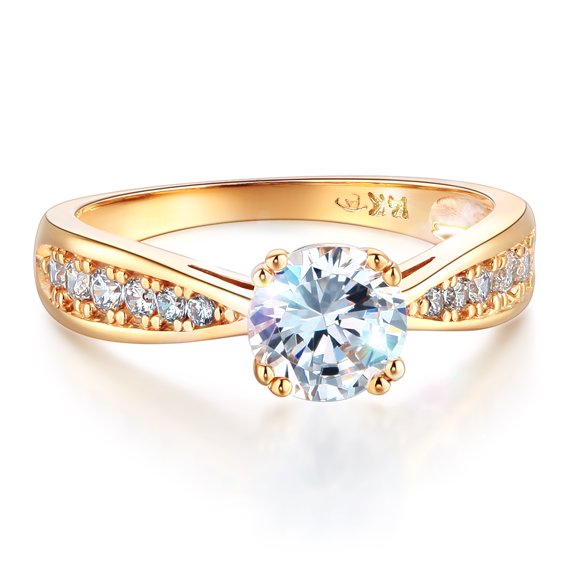Wellingsale Ladies Solid 14k Yellow Gold Polished CZ Cubic Zirconia Round Cut Engagement Ring with Side Stones - Size 4