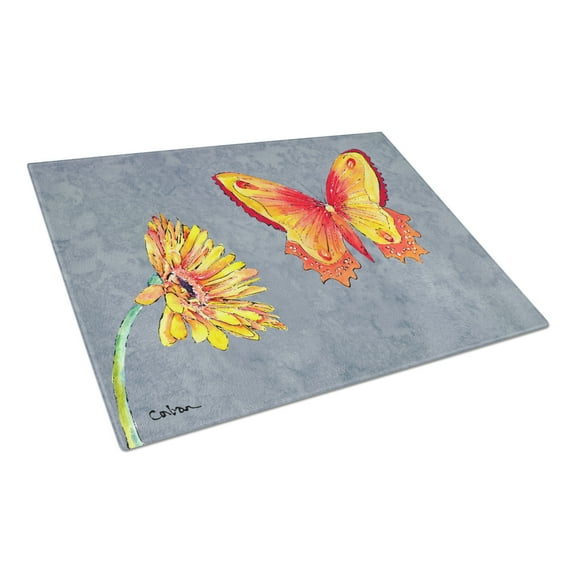 Caroline's Treasures Gerber Daisy and Buttefly Glass Cutting Board Large
