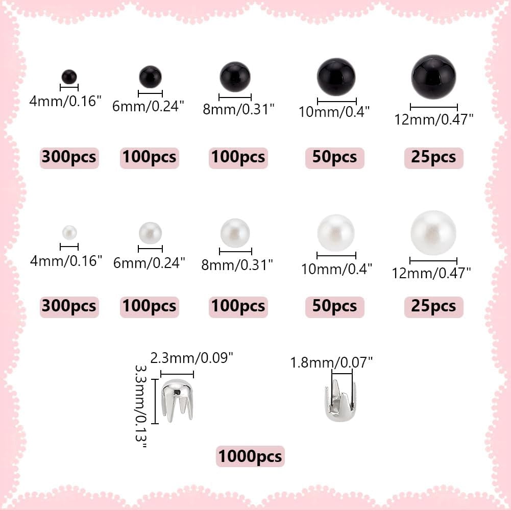 2000Pcs 11 Styles Imitation Pearl Claw Beads Kit with Nailhead Dome Studs 4/6/8/10/12mm No Hole Round Plastic Pearl Beads DIY Nailhead Claw Nail Spikes Kit for Clothes Belt Bag Shoe Skirts Colorful