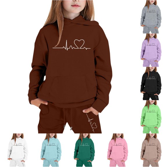 RUTAYY Girls 2 Piece Casual Outfit Long Sleeve Graphic Print Hooded Sweatshirt Elastic Jogger Pants Kids Daily Playwear Brown