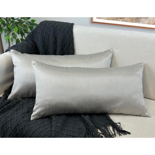 Aiking Home 12x24 Inches Faux Silk Rectangular Throw Pillow Cover, Zipper Closure, Silver (Set of 2)