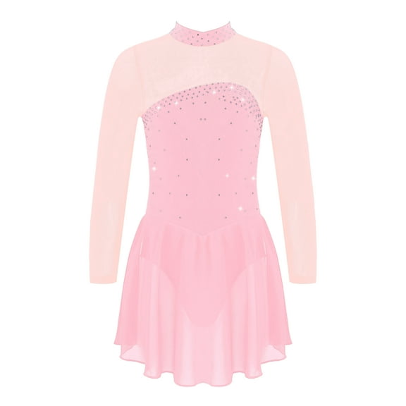 Doomiva Kids Girls Shiny Rhinestones Mesh Long Sleeve Figure Ice Skating Leotard Ballet Dance Dress Pink 8