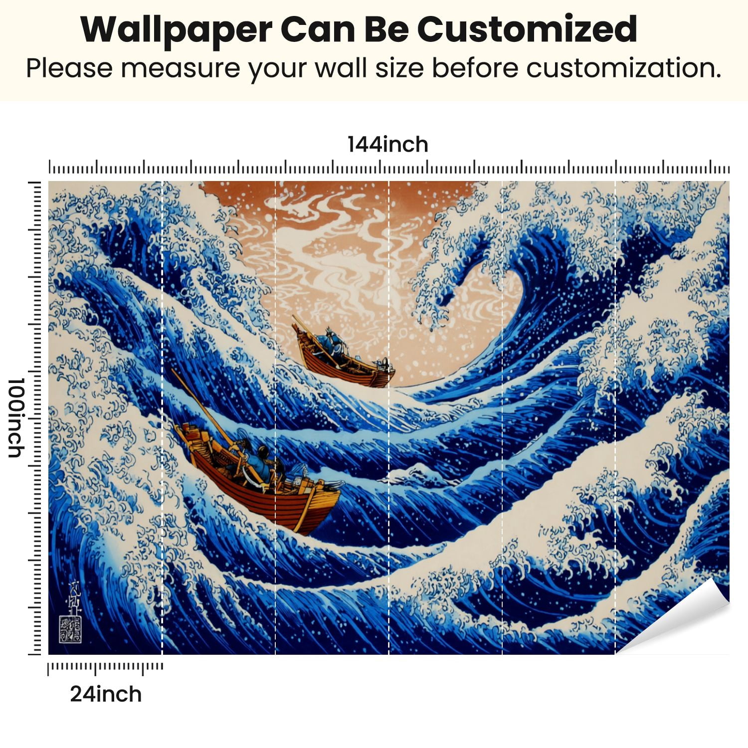 Peel and Stick Wallpaper Off Kanagawa Mount Boats Ocean Waves Seafoam Woodblock Print Modern Art Wall Mural Decor Self Adhesive and Removable 100in x 144in