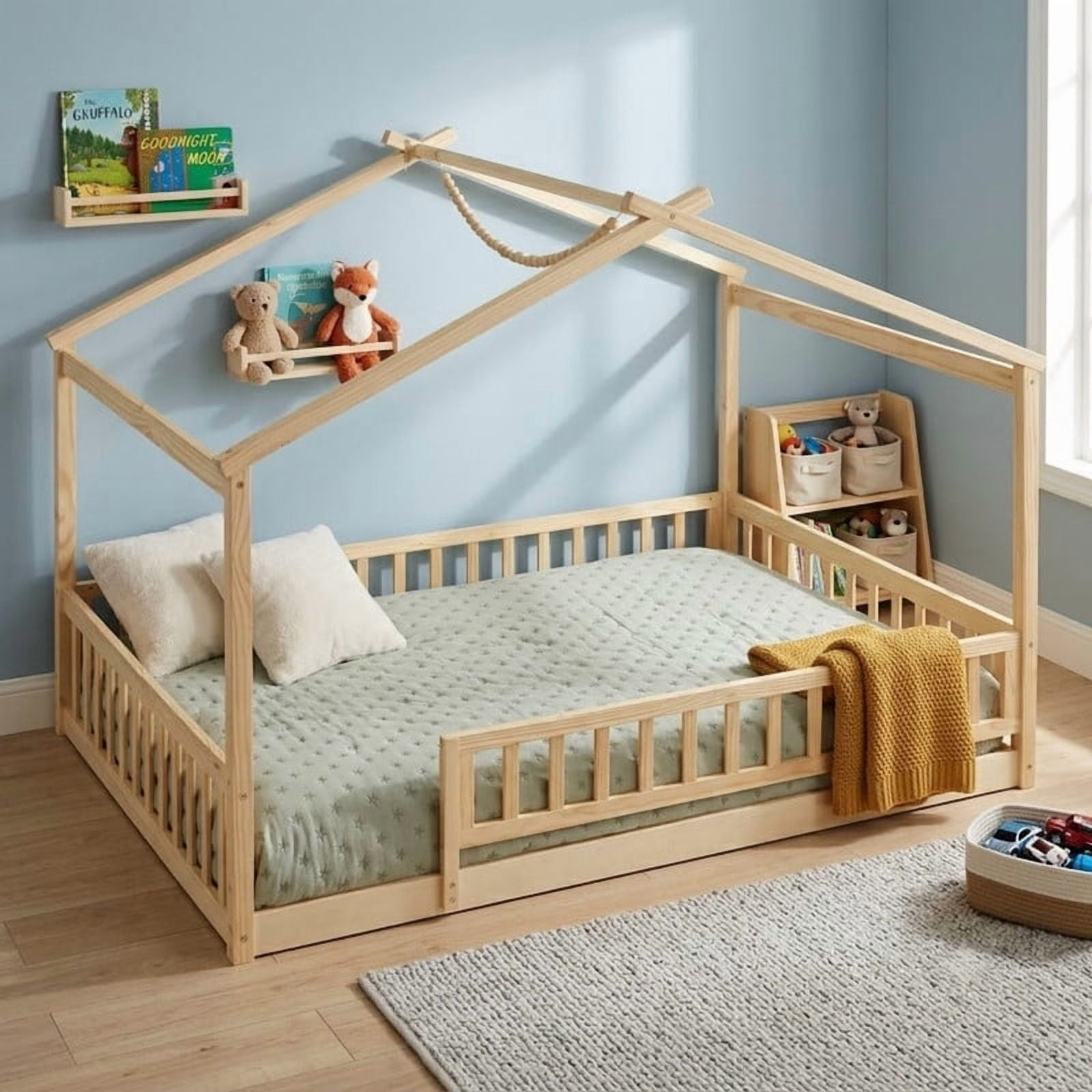 Full Size Wood House Bed with Fence and Roof Frame, Kids Floor Montessori Bed with Safety Guardrails, Sturdy Pinewood Playhouse Bed for Boys Girls