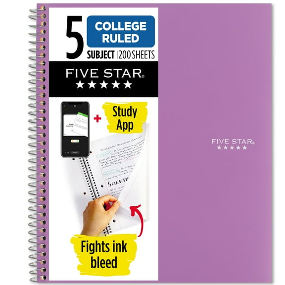 Five Star Spiral Notebook Study App, 5 Subject, College Ruled, 8.5" x 11"