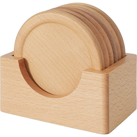 Wood Coasters for Drinks with Holder Set of 6, Wattne Wooden Coasters for Coffee Table Desk Round with Groove Design Cup Coasters for Home Office Decor 3.57 Inch