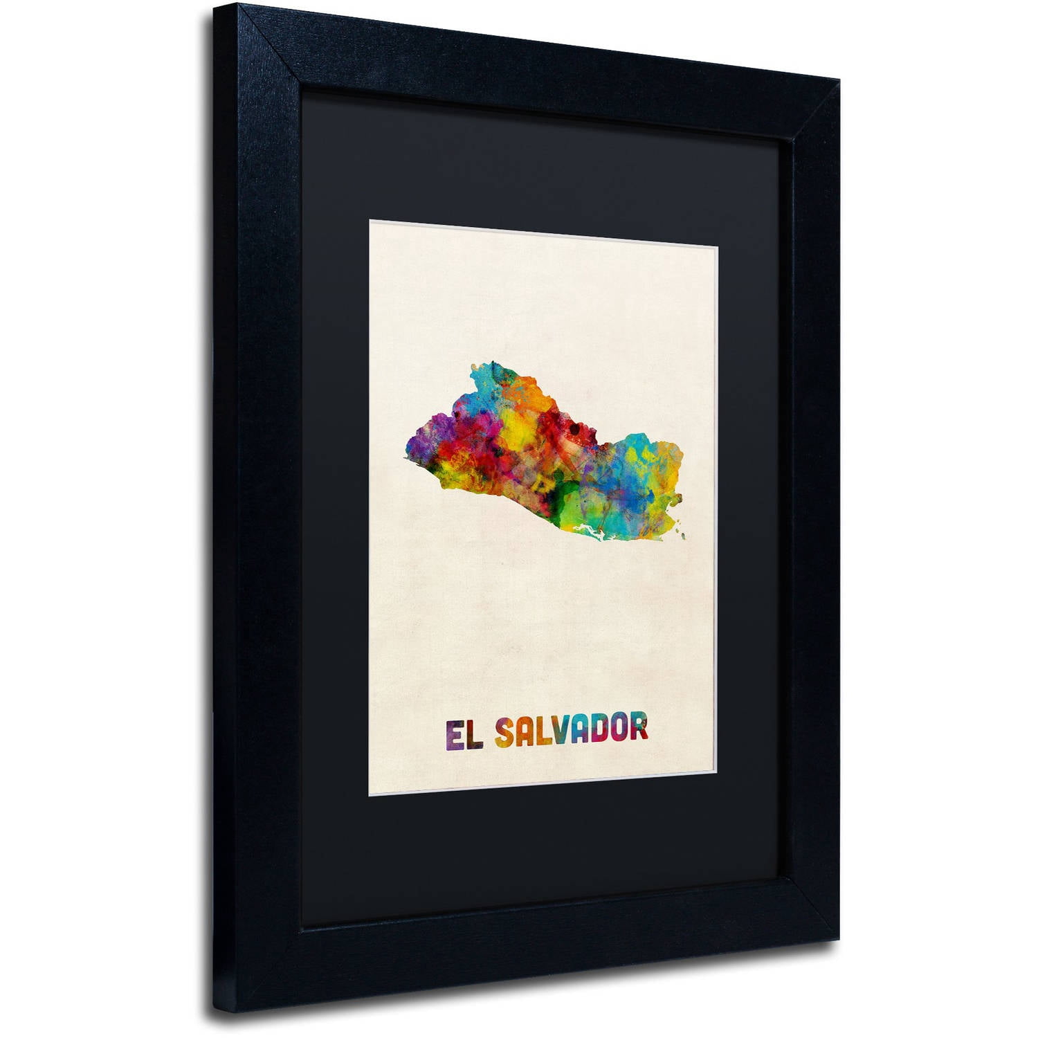 Trademark Fine Art "El Salvador Watercolor Map" Canvas Art by Michael Tompsett, Black Matte, Black Frame