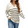 thumbnail image 2 of Women Striped Sweater V Neck Long Sleeve Loose Sweater Knit Pullover Jumper Tops White S, 2 of 9