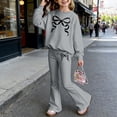 thumbnail image 2 of Girls' Bow Print Slightly Flared Pants Set Round Neck Long Sleeve Top Pants Two Piece Grey 7 Y-8 Y, 2 of 4