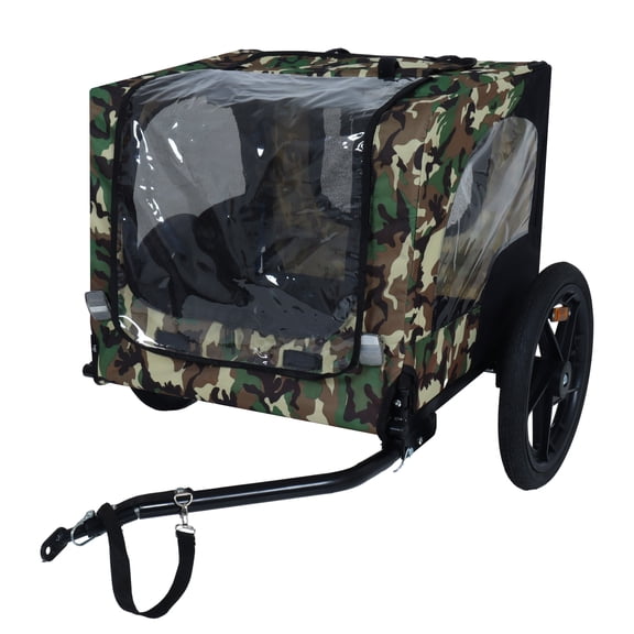 Foldable Dog Bike Trailer, Pet Cart for Medium Dogs with Quick Release Wheels and Frame, Weather-Resistant Canopy, Camouflage Pattern, Supports up to 66 lbs