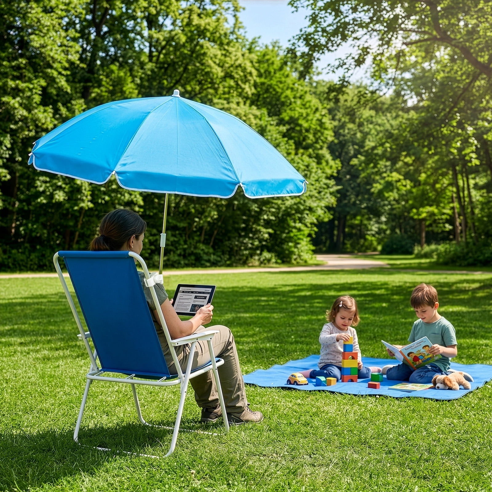 Folding Beach Chair with Detachable UV Umbrella, High Back Outdoor Lounge Chair with Armrest, Iron Frame Supports 265lbs, Lightweight Portable Foldable Chair for Beach Park Camping Concert