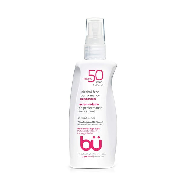 Protector solar en spray SPF 50 de Bu – Bloqueador solar orgánico biodegradable de tamaño de viaje para pieles sensibles – Sin aceite, sin alcohol, no comedogénico, resistente al agua (salvia blanca 3
