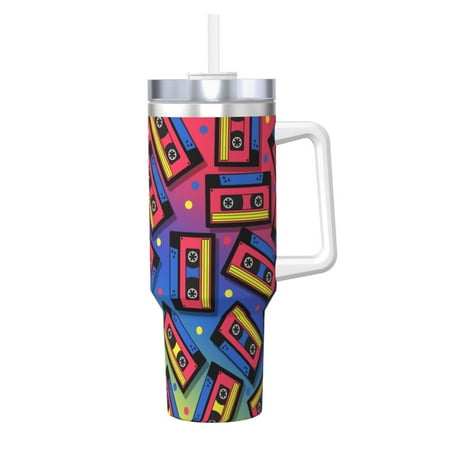 

Goofa Vintage Audio Cassettes Print 40oz Ice Bully With Handle And Straw Stainless Steel Vacuum Insulated Cup And 2 In 1 Straw Lid