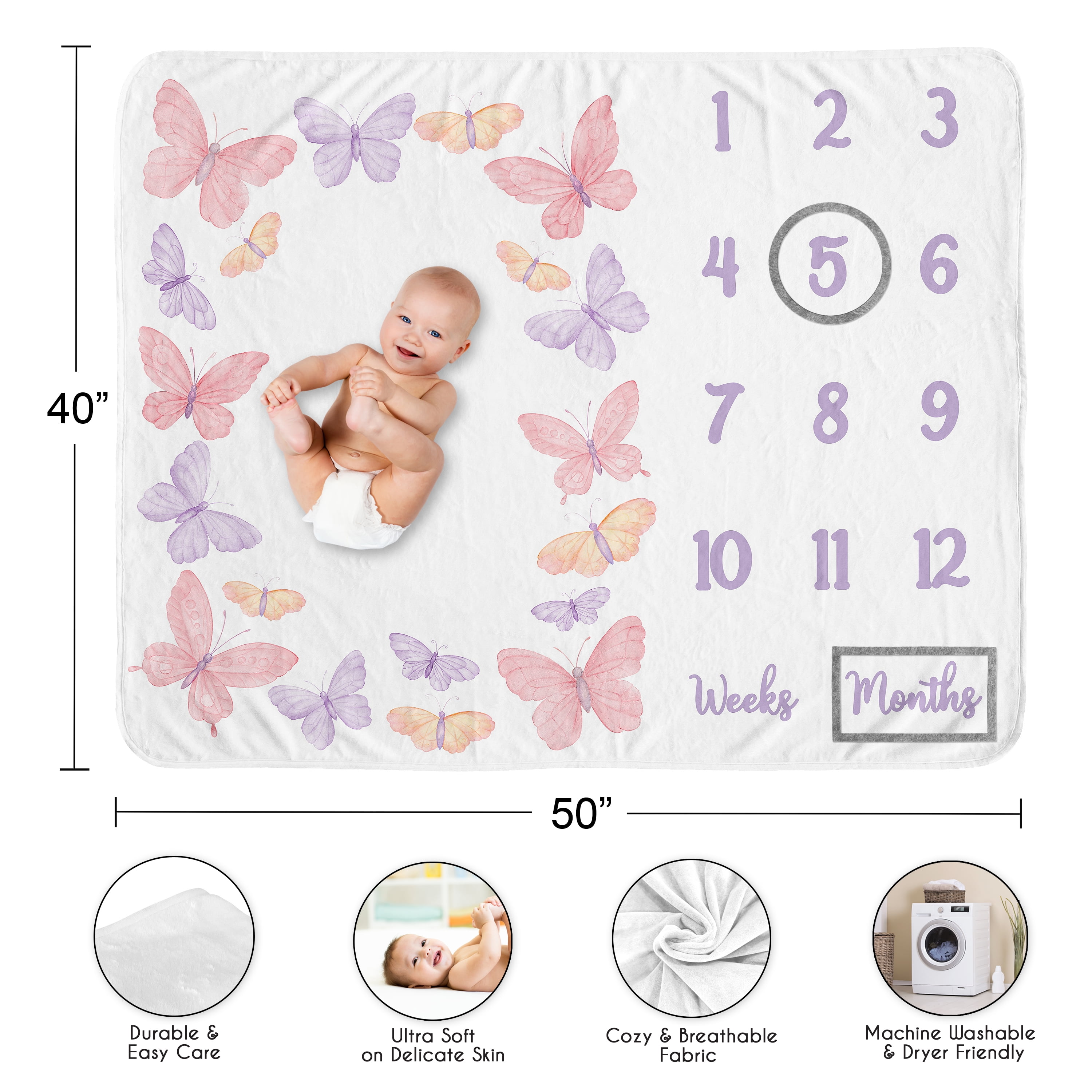 Sweet Jojo Designs Butterfly Blush Pink and Purple Girl Fleece Milestone Baby Blanket Set 3 Piece