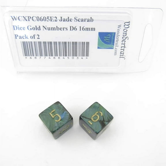 Jade Scarab Dice with Gold Numbers D6 Aprox 16mm (5/8in) Pack of 2 Wondertrail