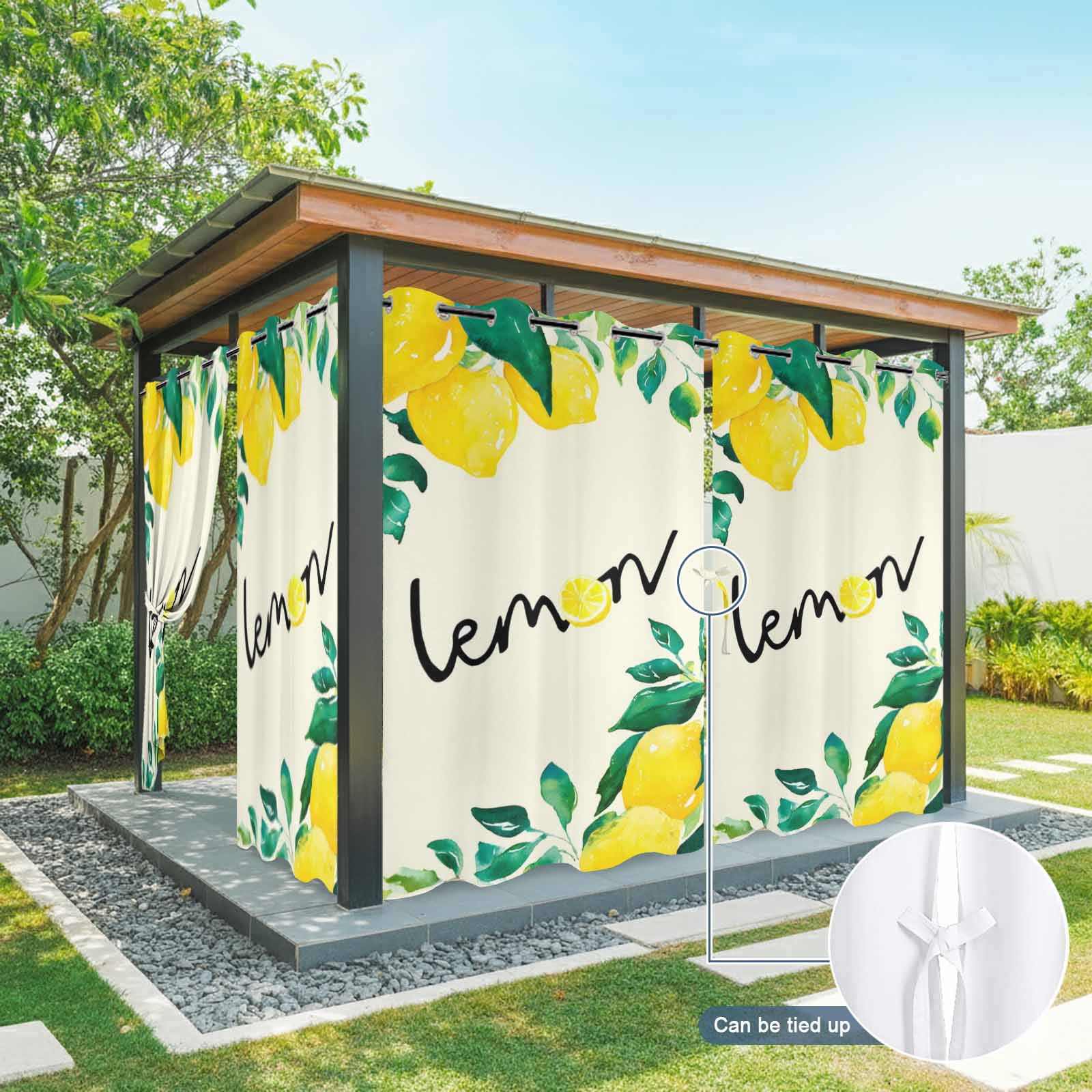 Botanical Lemon Outdoor Curtains for Patio, Watercolor Yellow Fruit Green Leaves Plant Sunshade Privacy Drapes Grommet Waterproof Outside Curtains for Porch/Cabana/Balcony 54"x 108", 1 Panel