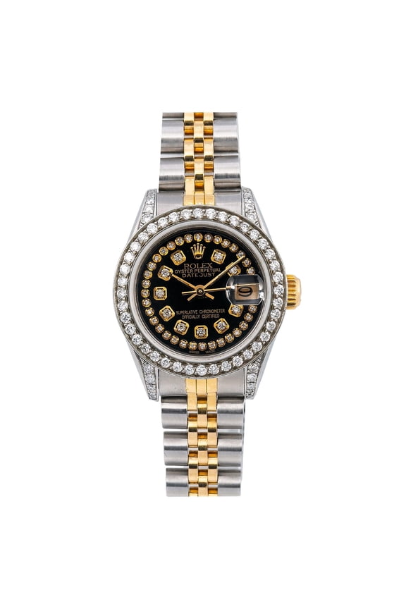 Pre-Owned Rolex Datejust 26MM 69173 Black Diamond Dial Diamond Bezel Two Tone Yellow Gold Jubilee Bracelet 1.2ct