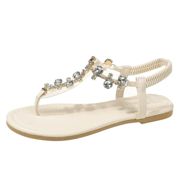 AnuYalue Women Rhinestone Sandals T-Strap Buckle Bohemian Pearl Crystal Flat Sandals Comfort Elastic Strap Dress Sandals Thong Sandals with Strappy for Women Summer Wedding
