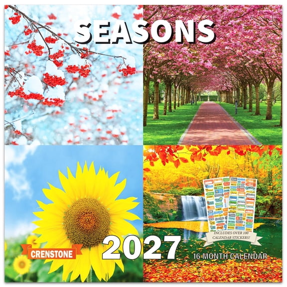 Four Seasons Mini Calendar 2027 - 16 Month Changing Seasons 2027 Small Monthly Wall Calendar with 100  Reminder Stickers | 7" x 14" Open | White Elephant Giftable | Thick Sturdy Paper