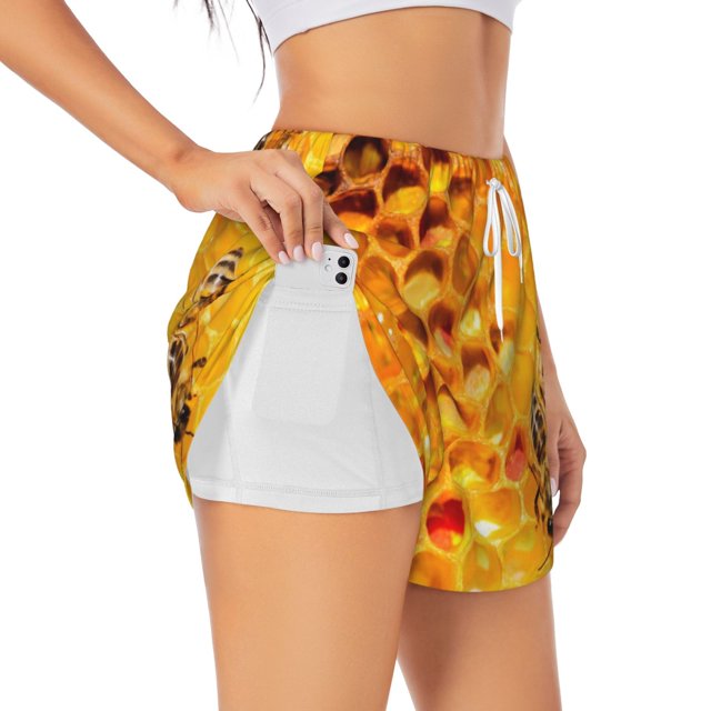 Balery Bees on Hive Honeycomb Pantalones cortos deportivos para mujer con forro y dos bolsillos, elásticos, para entrenamiento, gimnasio, yoga-X-Large