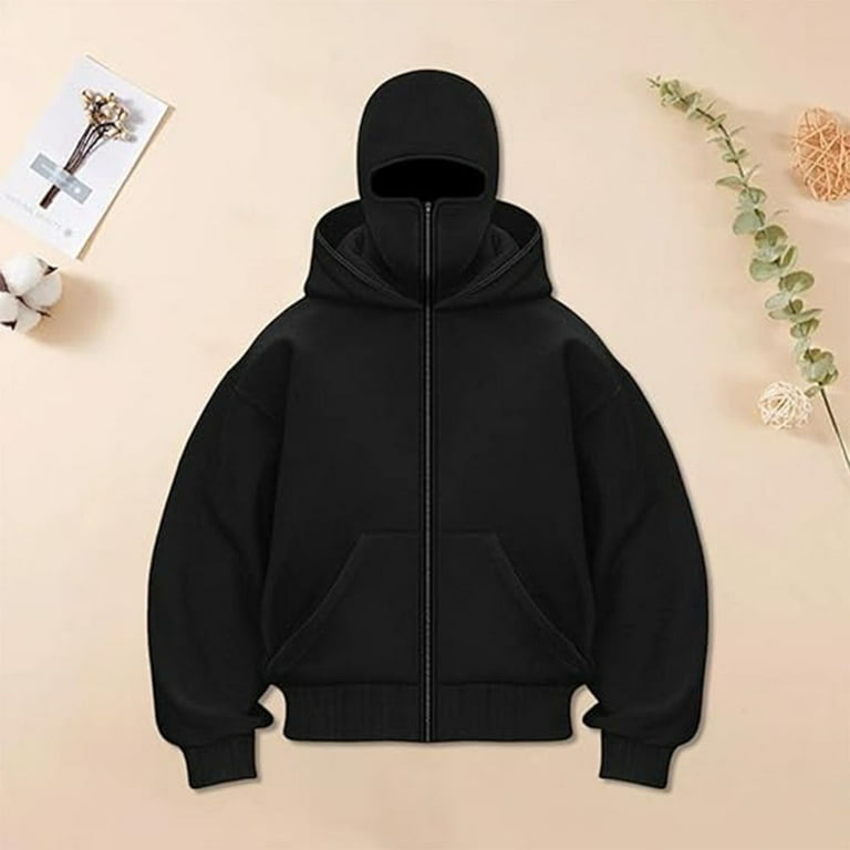 Balaclava Hoodie with Face Mask Built In, Fashion Double