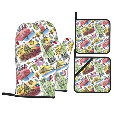 

Oven Mitts and Pot Holders Sets 4 pcs - America Landmarks1 Heat Resistant Silicone Oven Gloves with Non-Slip Silicone Surface and hot pads for kitchen Baking Cooking BBQ