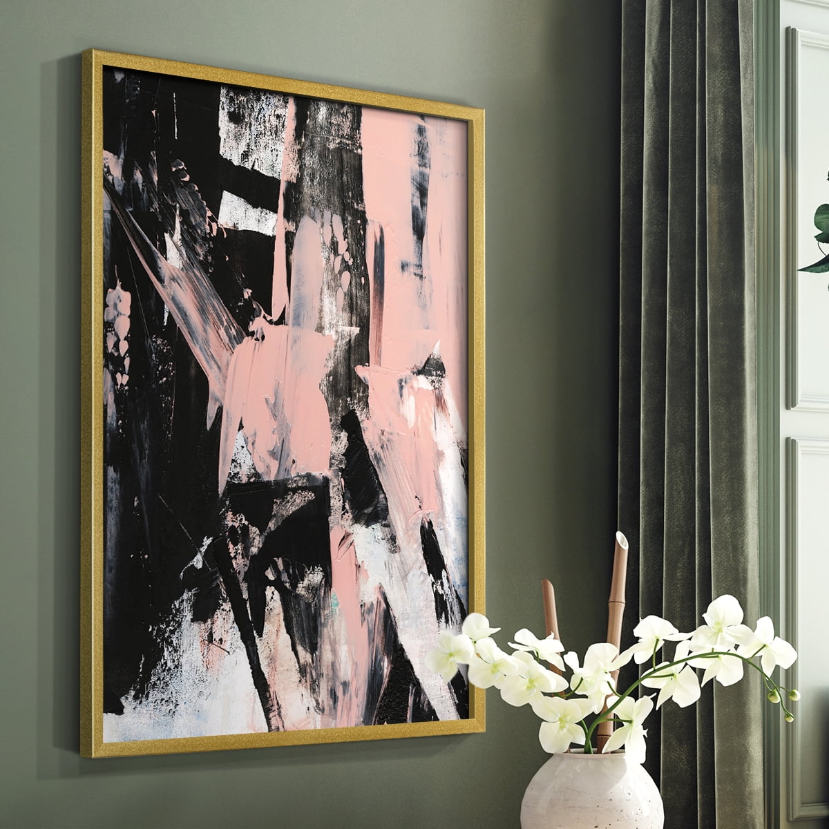Black & Blush II Framed Print in Gold Solid Wood Framed Print No Nail Hanging