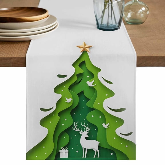 Green Christmas Tree Table Runner 90 Inches, Xmas Reindeer Modern Abstract Art Bed Runner Dresser Scarves Tabletop for Indoor Outdoor Parties/Ceremony/Banquet, 13" x 90"