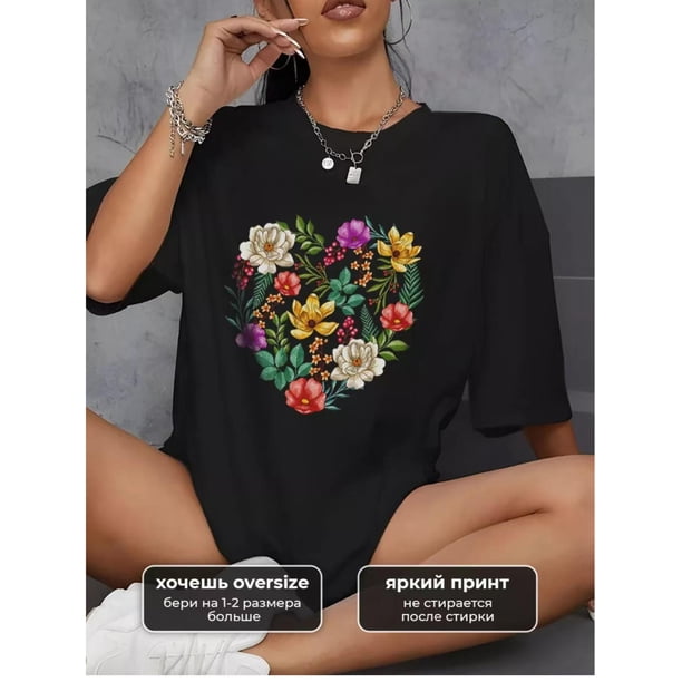 Round Neck Retro Casual Print T-shirt Top Women's Clothing