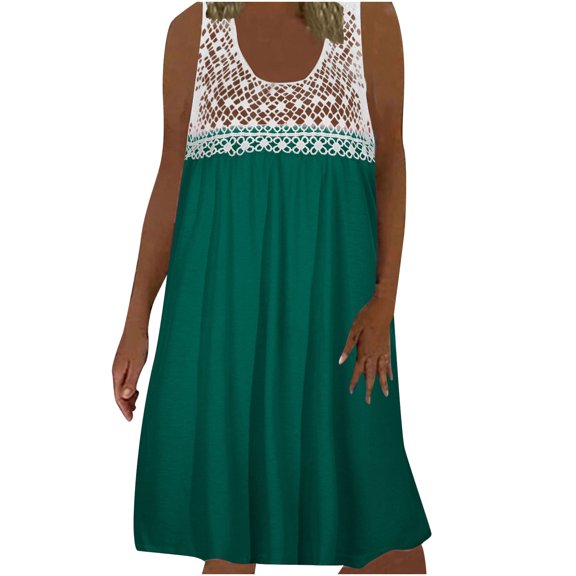 Bigersell Women's Sleeveless Shirt Dress Women's Fashion Casual Loose Lace Panel Solid Color Sleeveless Round Neck Dress Big & Tall Cocktail Dress Style 28598, Female Long Dresses Green S