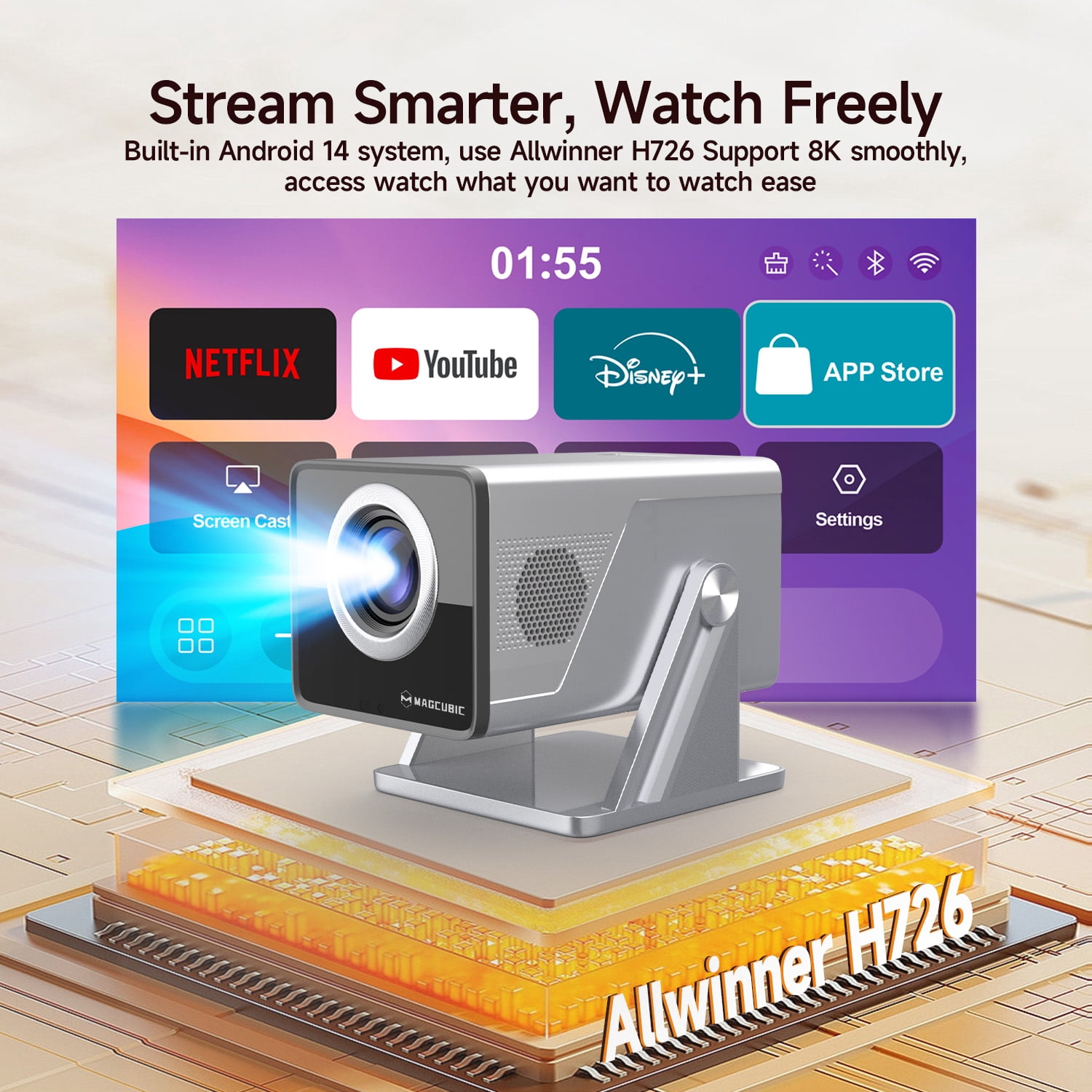 [1000 ANSI & Auto Focus] Magcubic 8K/4K Support 1080P Native Full HD Projector, Smart Home Theatre Support WiFi6 & BT 5.4, Android 14 Pre-Installed APPs, X7