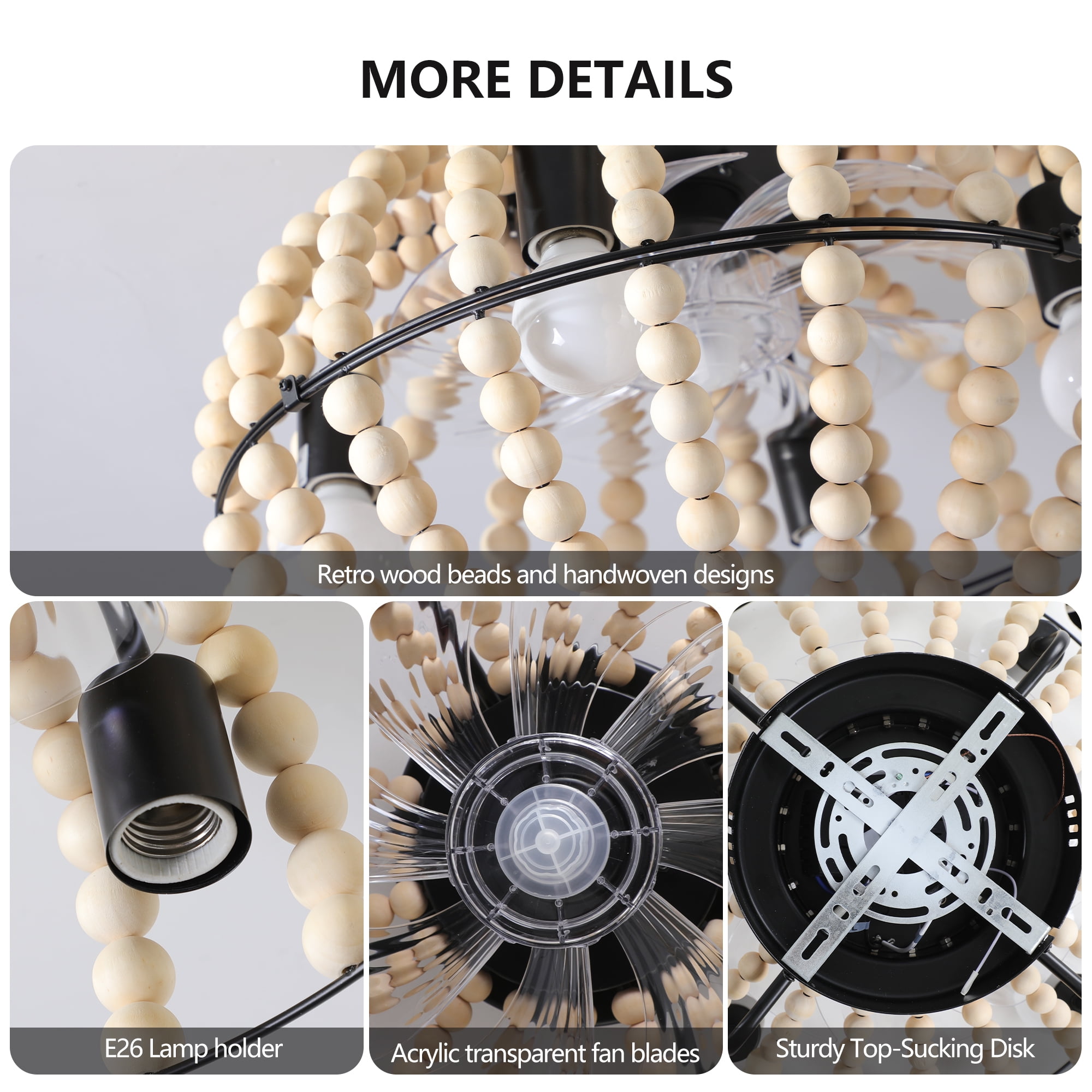 Jopath 18" Bohemian Wood Beaded Ceiling Fan with Light, Flush Mount Caged Ceiling Fan, Rustic Farmhouse Low Profile Fan Light Fixture for Indoor Home Decor (Silent/6-Speed/Reversible) (No Bulbs)