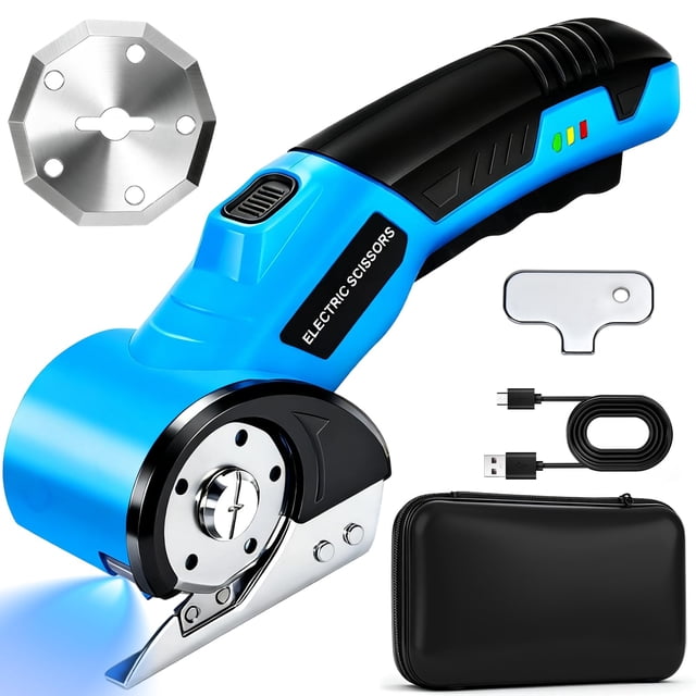 Cordless Electric Scissors, Rechargeable Rotary Cardboard Cutter, Automatic Box Cutter with LED Light, Safety Lock, Extra Blades, Electric Scissors f