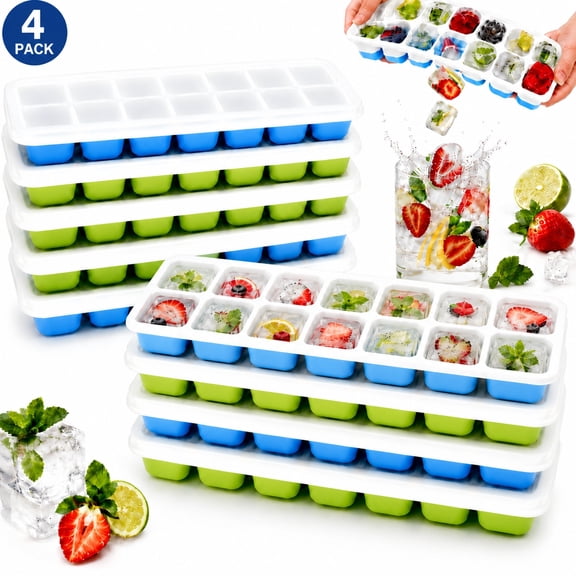 Rongsi Silicone Ice Cube Tray, 4 Pack Easy-Release & Flexible 14-Ice Cube Trays with Spill-Resistant Removable Lid, Stackable Ice Trays with Covers for Freezer, Cocktail