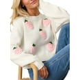 thumbnail image 3 of Womens Sweet 3D Strawberry Pattern Knitted Sweater Casual Loose Long Sleeve Pullover Sweater Tops Cream White XL, 3 of 10