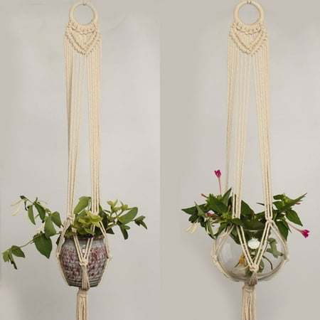 Macrame Plant Hanger Indoor Outdoor Hand Knit Hanging Suspend Planter Basket Net Cotton Rope Size:H