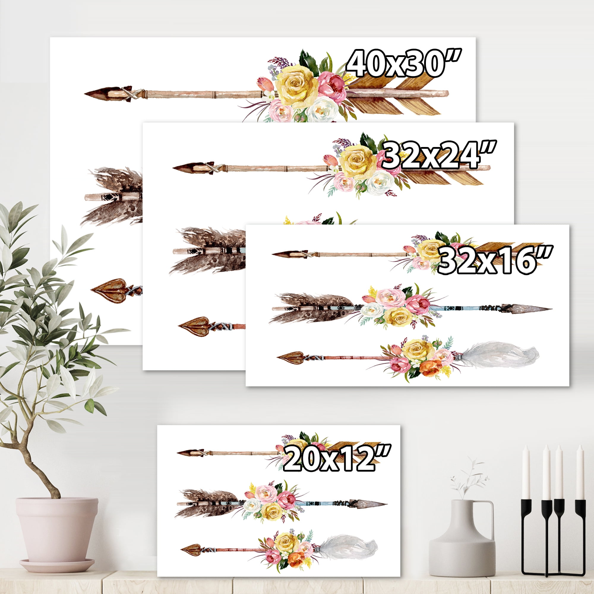 Designart ' Flowers and Ethnic Feathers On Native Arrows II ' Bohemian & Eclectic Canvas Wall Art Print