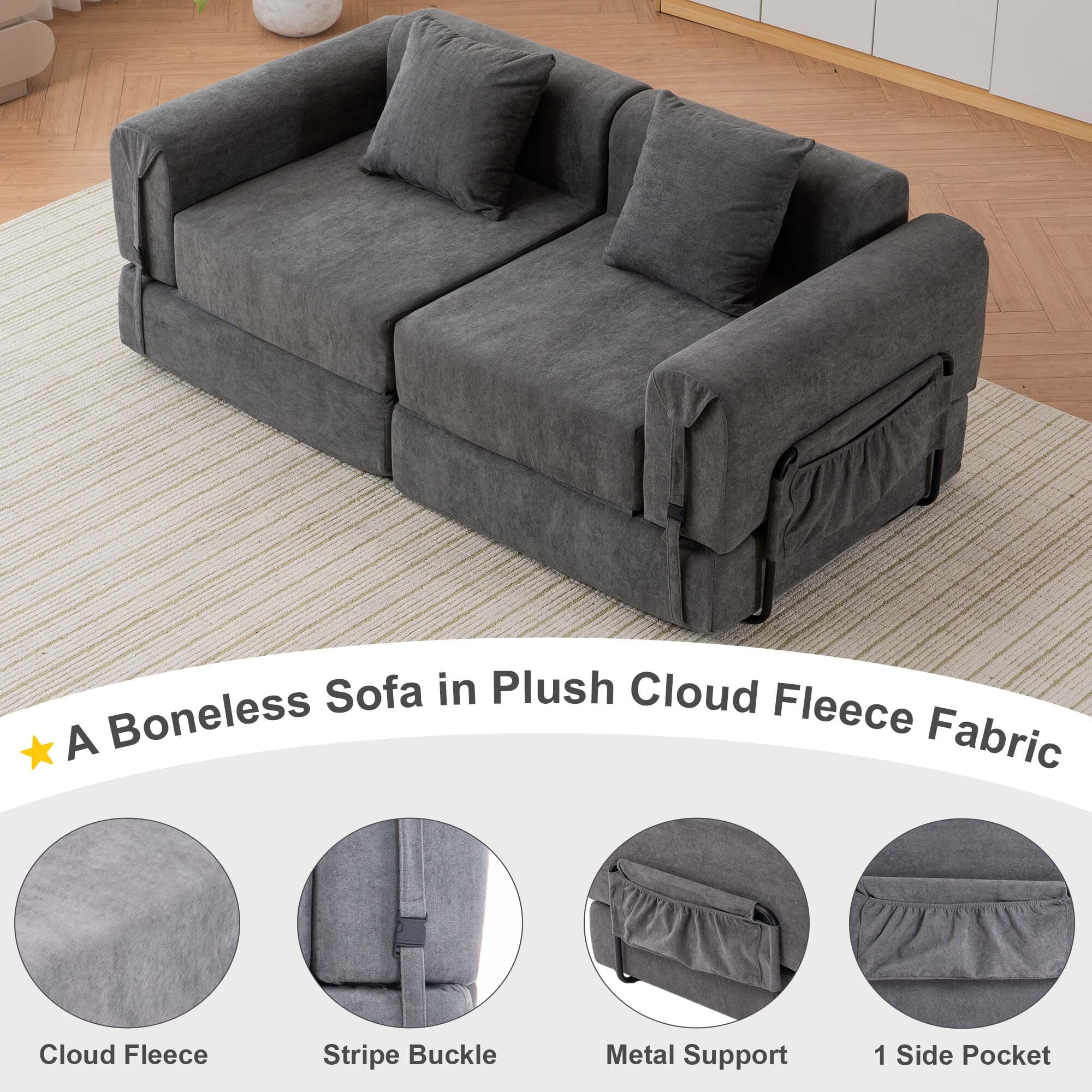 GNIXUU 71.25" Modern Modular Recliner Sofa, Convertible Sleeper Bed,Folding Mattress Loveseat Couch with Fixed-Shape Frame ,Comfy Lazy Boneless Couches for Living Room Bedroom Lounge,Gray