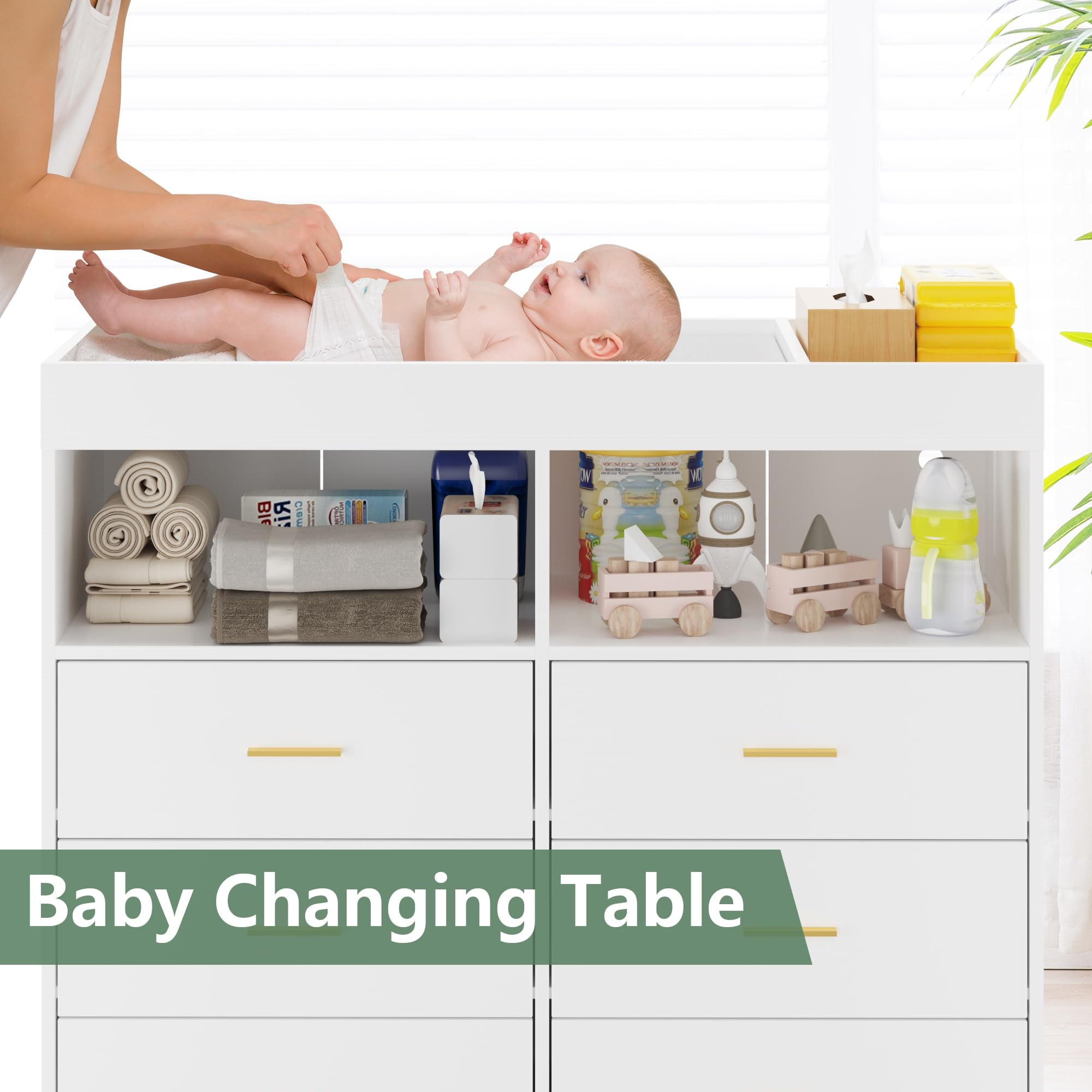 Accreate Dresser for Bedroom with 6 Drawers, Baby Changing Table Dresser with Changing Pad, LED Lights & Charging Station, Baby Changing Station with Changing Table Top