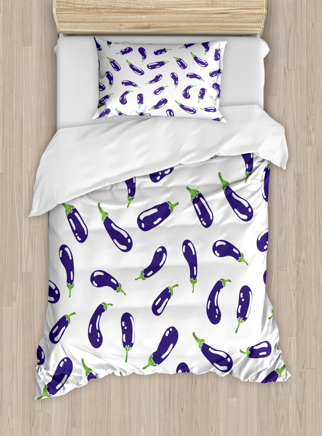 Eggplant Twin Size Duvet Cover Set, Fresh Eggplants on White Surface