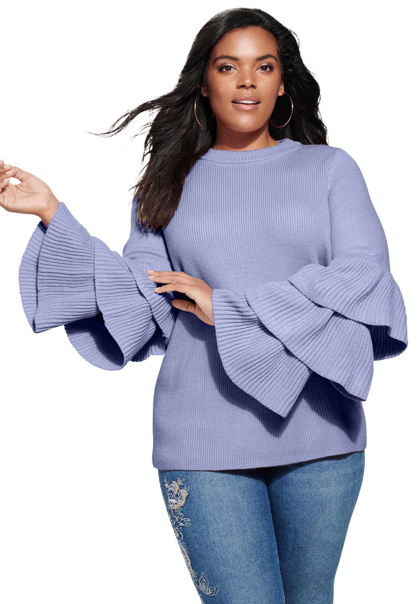 Roamans Womens Plus Size Cowlneck Sweater with Bell Sleeves
