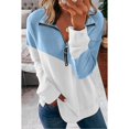 thumbnail image 2 of Jersey de mujer con cuello en V, solapa, diseño de cremallera, color de contraste, manga larga para invierno, otoño, azul claro M, 2 of 6
