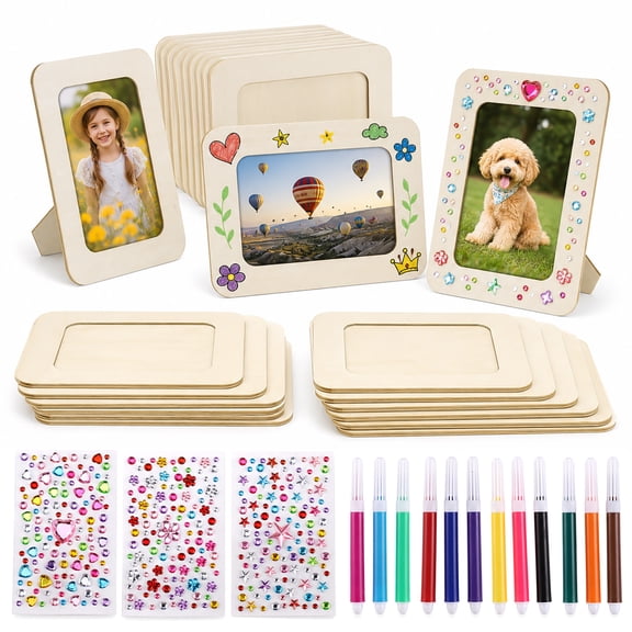 20 Pcs Unfinished Wood Picture Frames Bulk Set, 7.4 x 5.5 Inch DIY Craft Frames with 12 Coloring Pens & Gem Stickers, Standing Photo Frame Kit for Kids Crafts, Party, Wedding & Classroom Activities