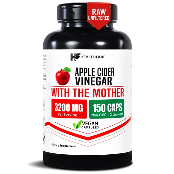 HealthFare Apple Cider Vinegar Capsules with the Mother | 3200mg Raw, Organic & Unfiltered ACV | 150 Vegan Pills | Maximum Strength Supplement for Detox & Digestion | Non-GMO, Gluten-Free, Made in US