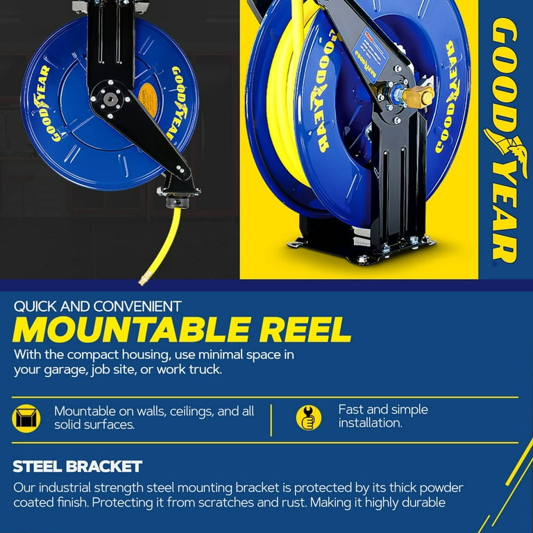 Goodyear Air Hose Reel Retractable 1/2 Inch x 50' Foot Long Premium  Commercial Driven Sbr Hose Max 300 Psi Reinforced Steel Construction Heavy  Duty