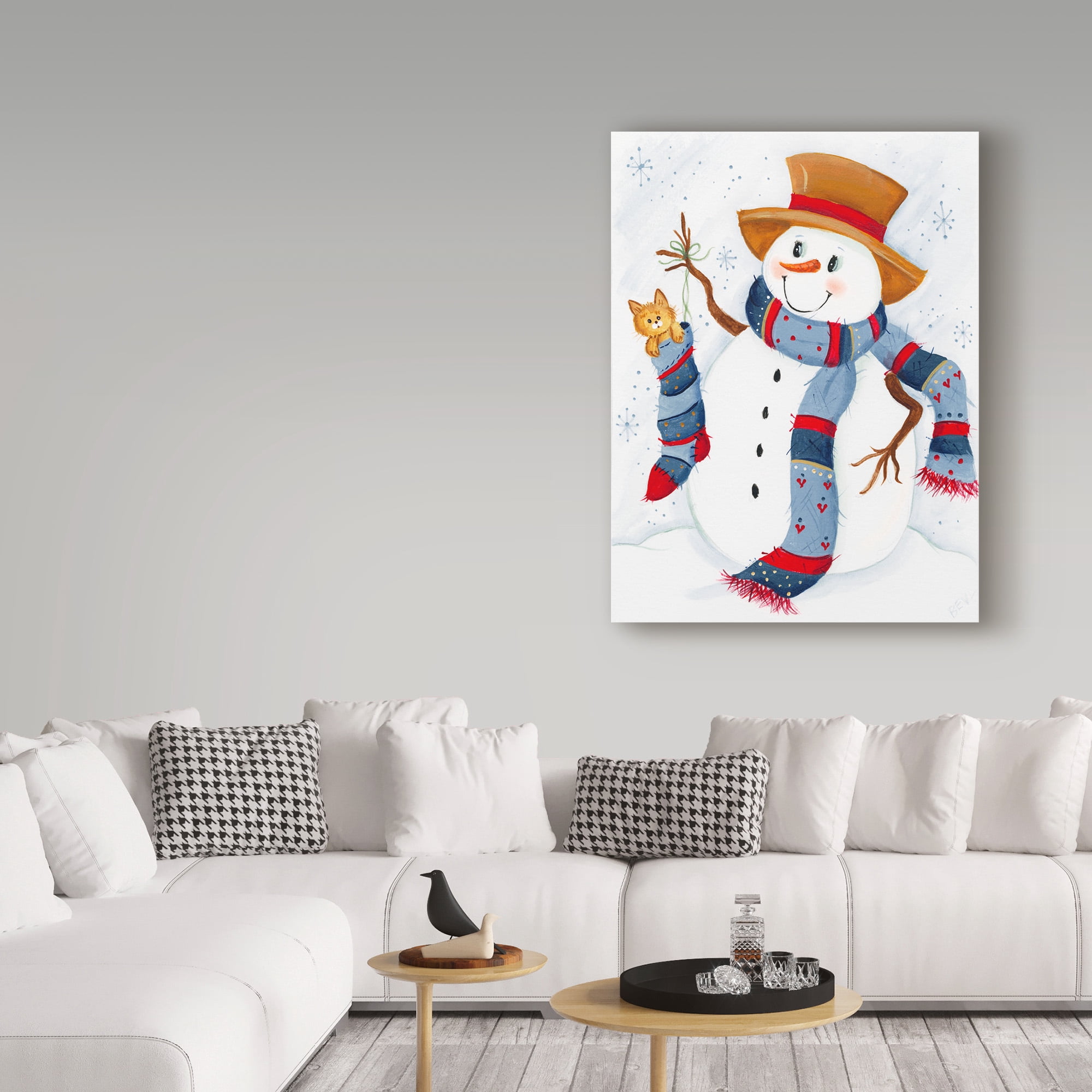 Trademark Fine Art 'Snowman With Cat In Stocking' Canvas Art by Beverly Johnston