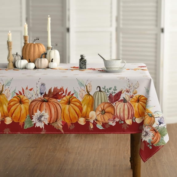 Fall Tablecloth 60x120 Inch, Thanksgiving Autumn Harvest Watercolor Flowers and Pumpkins Red Table Cover for Party Picnic Dinner Decor