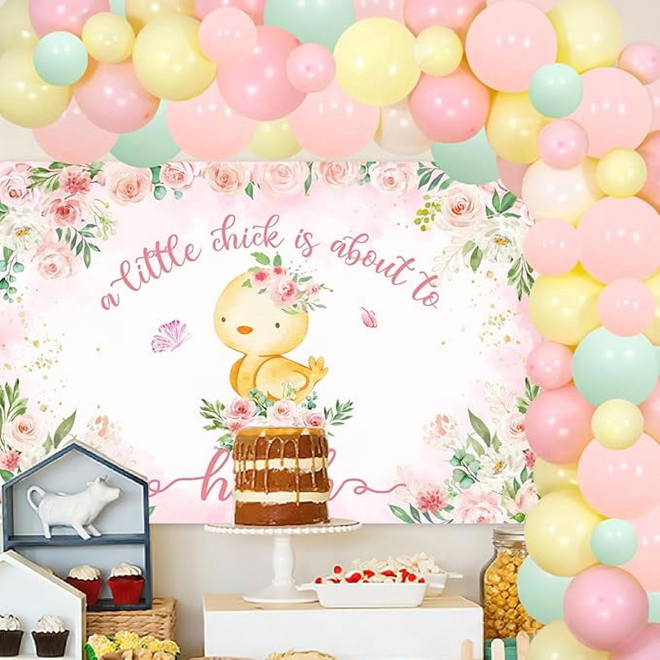 81Pcs Chicken Theme Baby Decor - Girl 'Chick' Themed Party Supplies - Pink Floral Backdrop, Balloon Arch & More