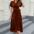 thumbnail image 4 of Sngxgn Summer Dresses for Women V Neck Cap Sleeve Ruffle Hem Smock Short Dress(Brown,L), 4 of 4